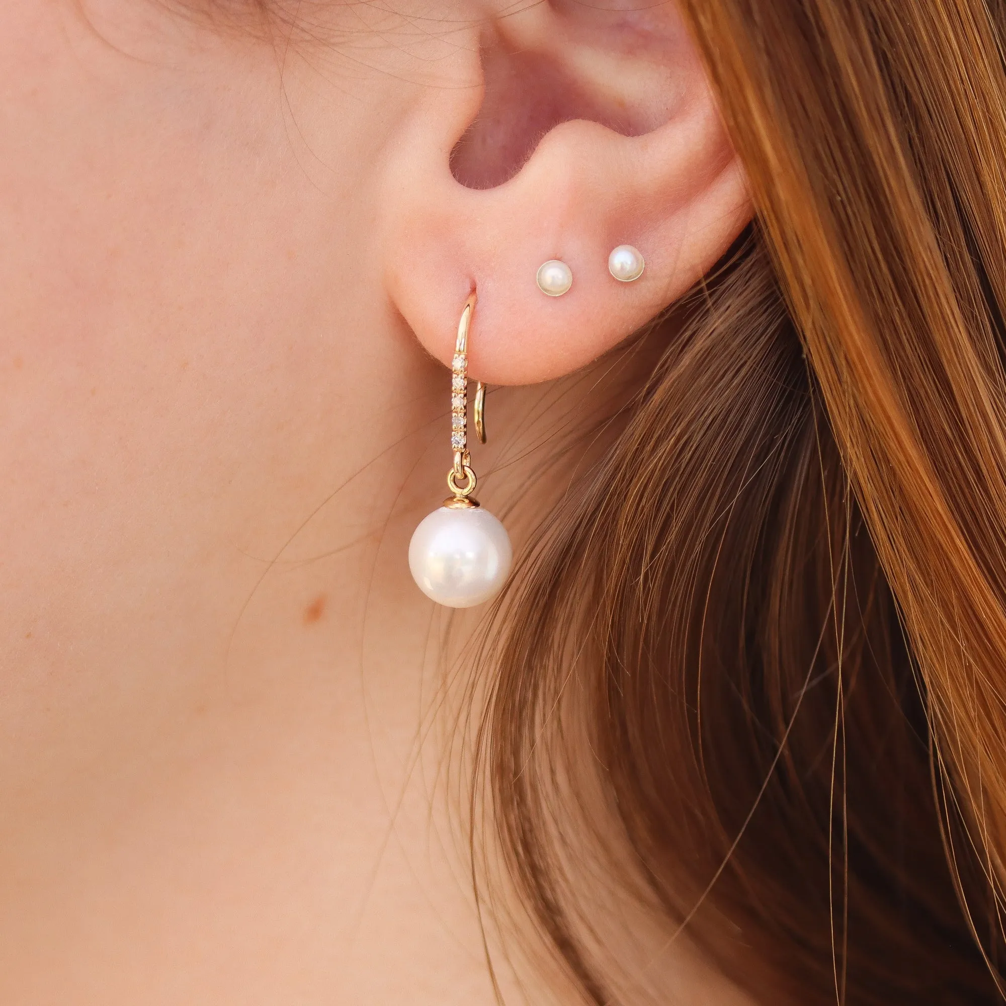 Large Pearl Drops in 14K with Diamond Encrusted Hoops