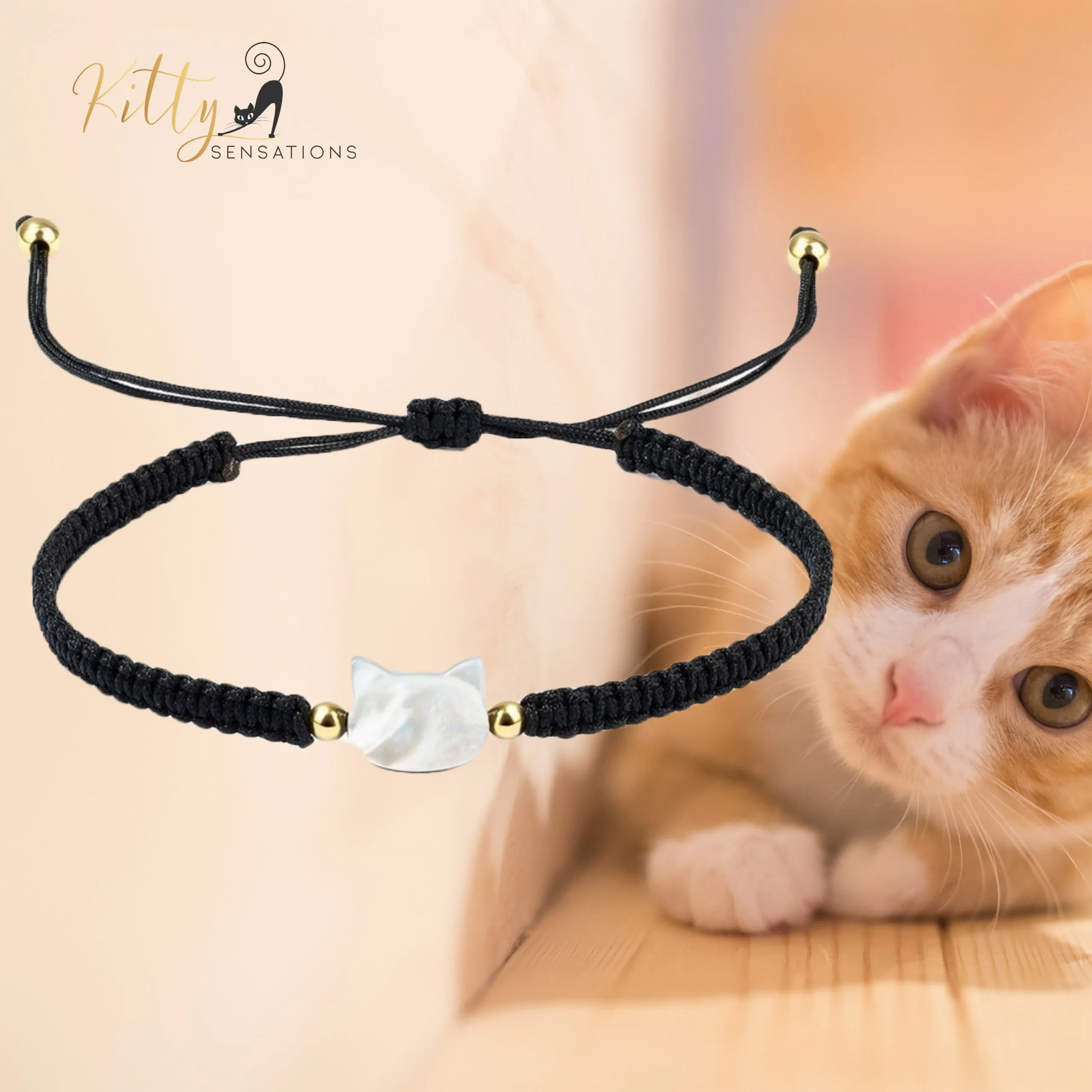 Natural Mother-of-Pearl and Braided Cord Cat Bracelet (Adjustable Size)