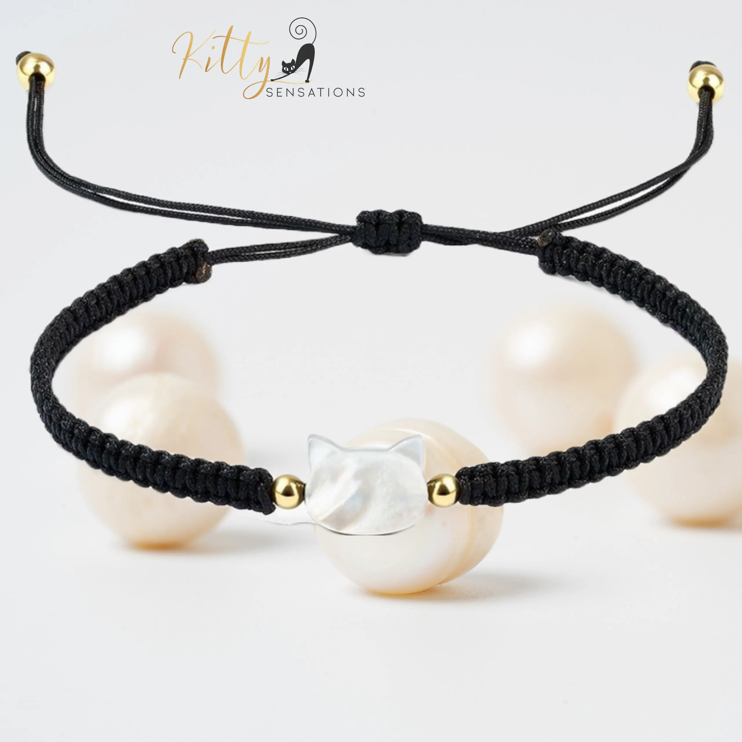 Natural Mother-of-Pearl and Braided Cord Cat Bracelet (Adjustable Size)