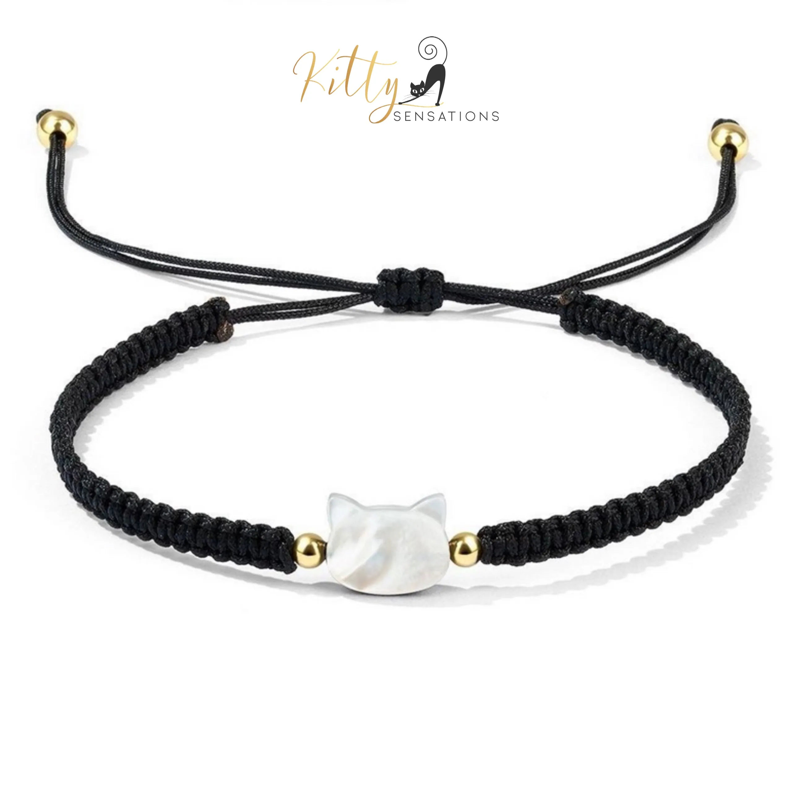 Natural Mother-of-Pearl and Braided Cord Cat Bracelet (Adjustable Size)