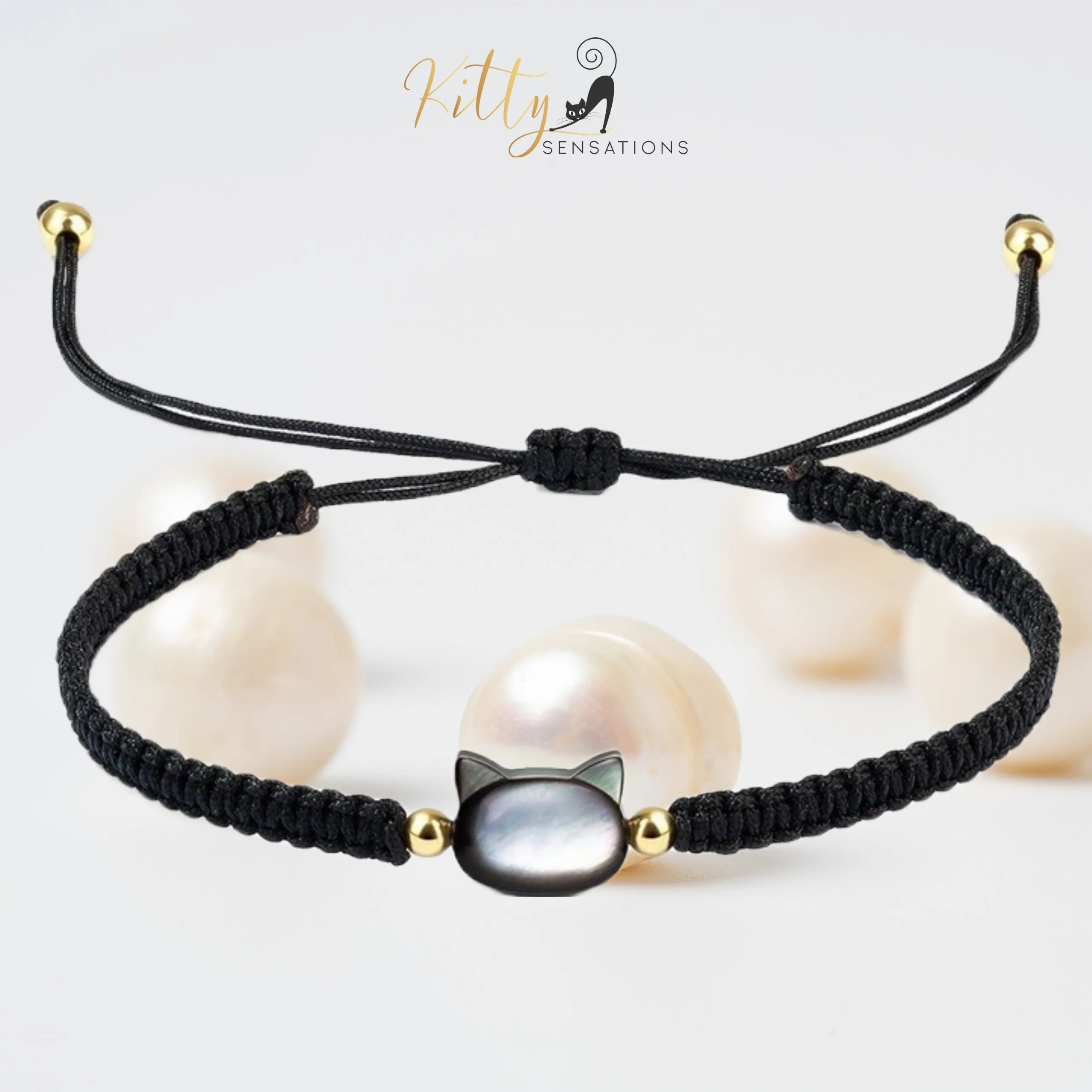 Natural Mother-of-Pearl and Braided Cord Cat Bracelet (Adjustable Size)