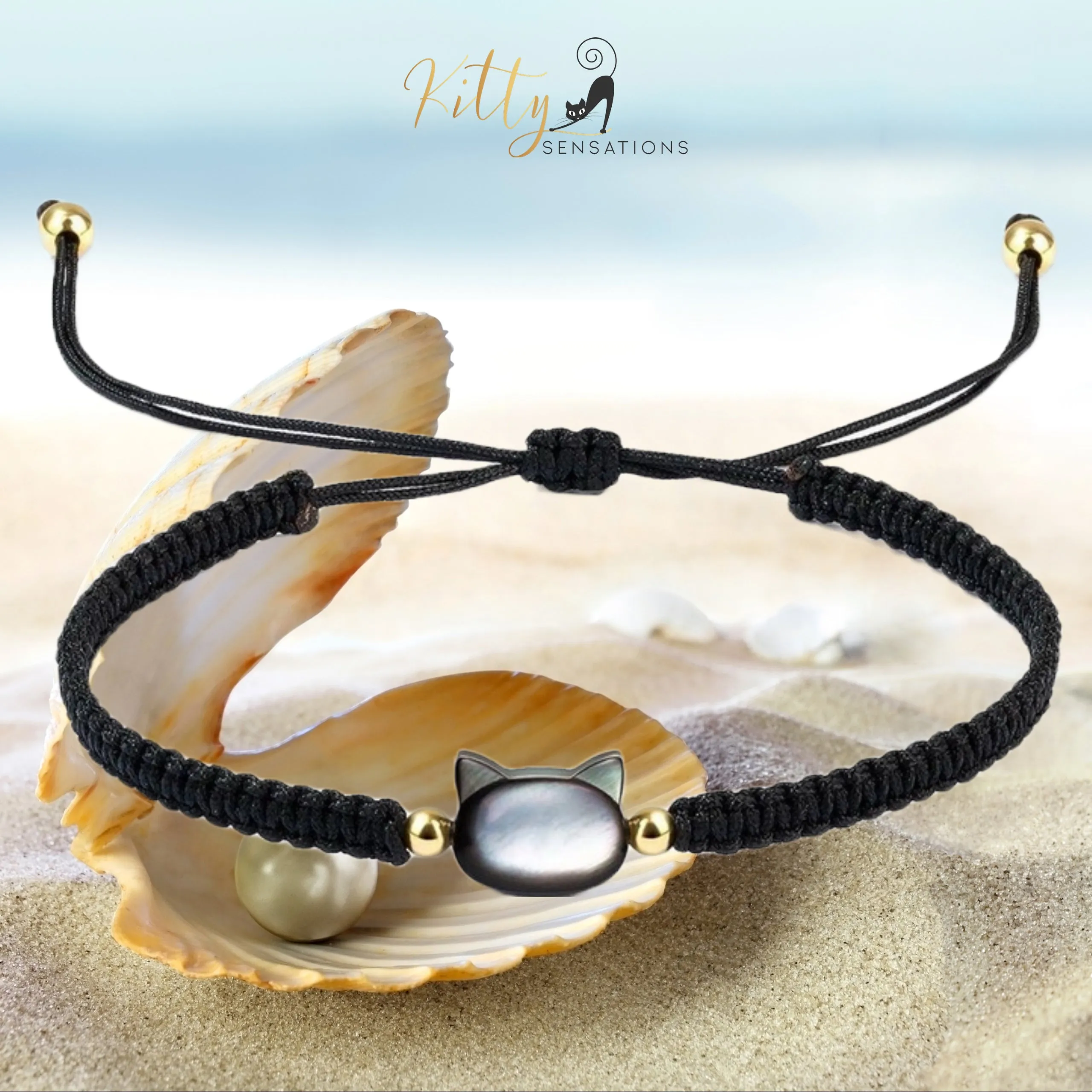 Natural Mother-of-Pearl and Braided Cord Cat Bracelet (Adjustable Size)