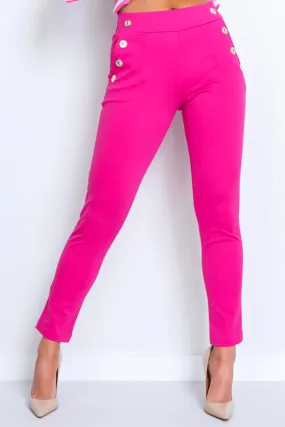 Pantaloni casual sportivi fucsia in cotone con tasche laterali e bottoni dorati