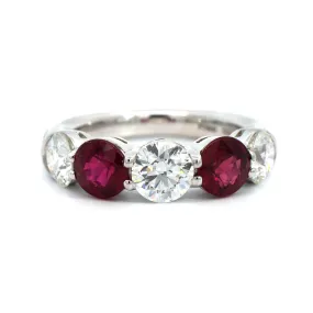 Platinum Shared Prong Alternating Round Diamond and Ruby Band