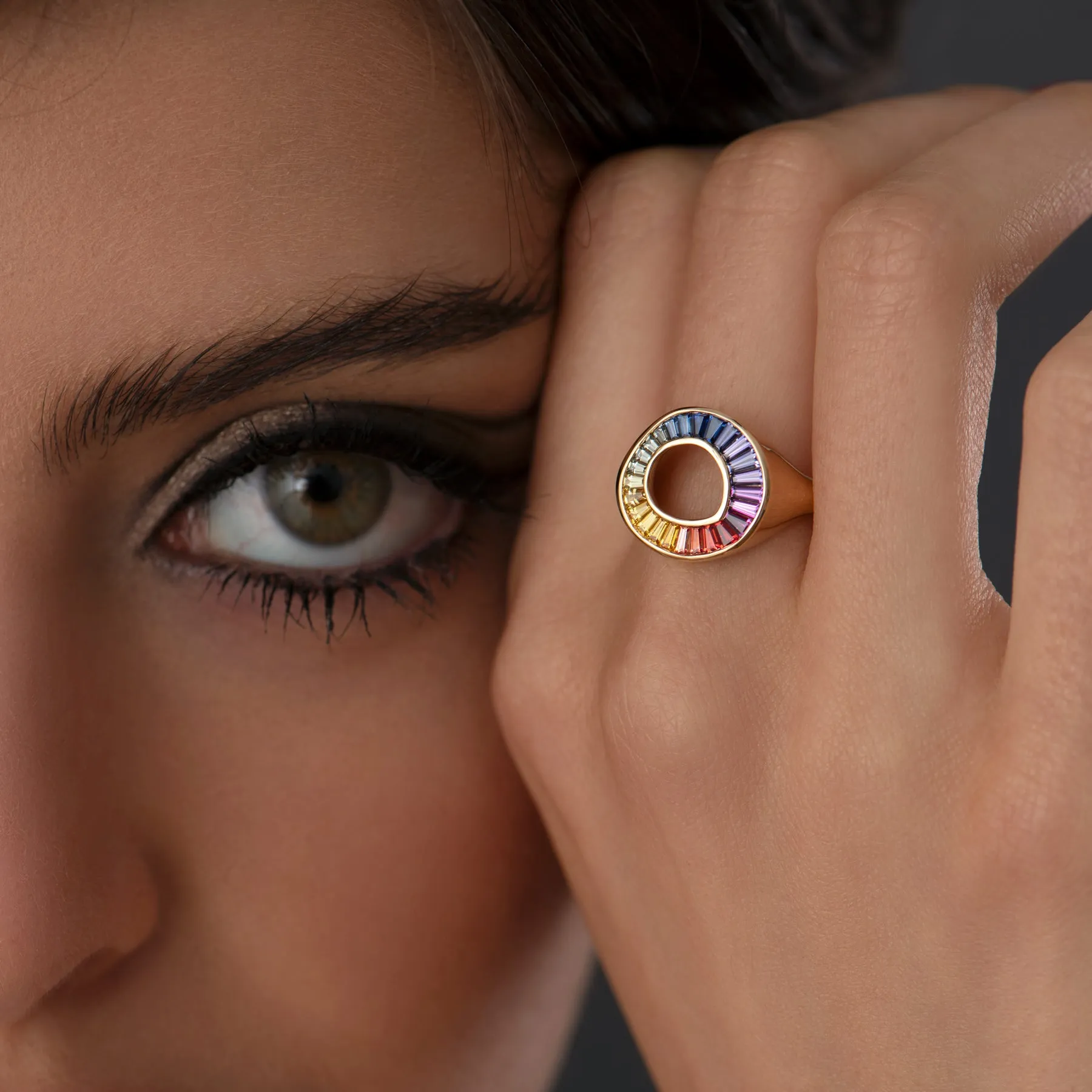 Rainbow Sapphire Baguette Sphere Ring - OOAK