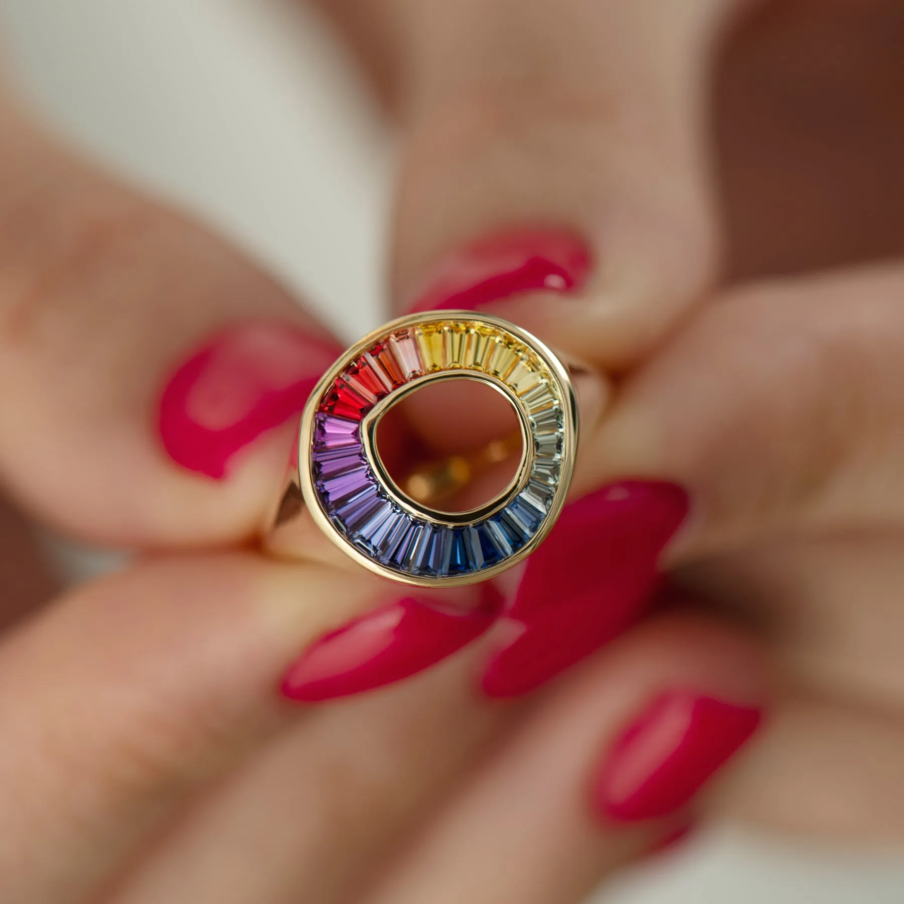 Rainbow Sapphire Baguette Sphere Ring - OOAK