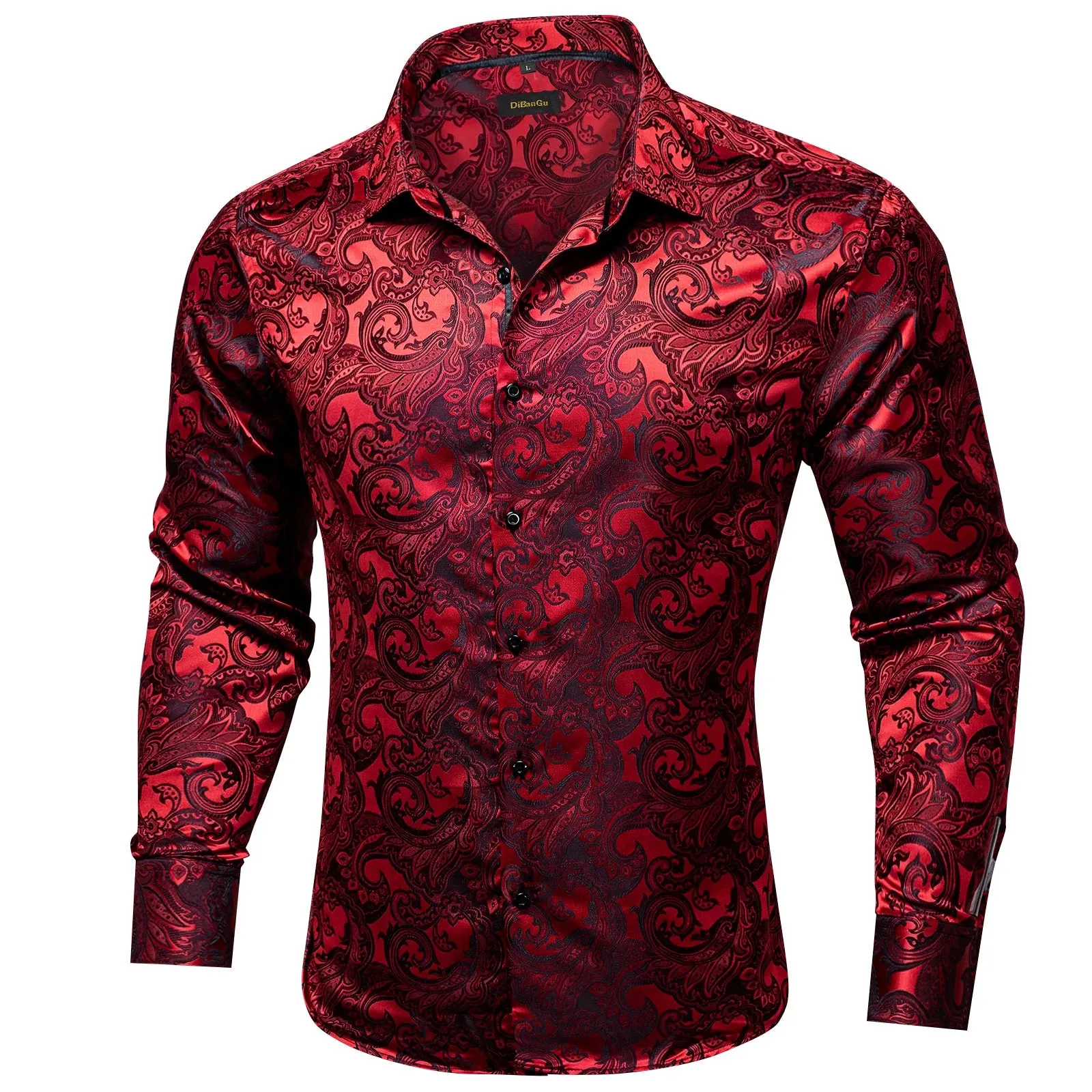 Red Silk Men's shirts Long Sleeve Luxury Social Dress Shirt Blouse Designer Night Bar Prom Wedding Party Clothing