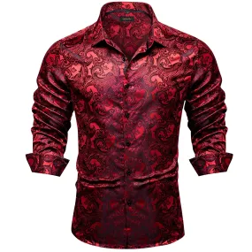 Red Silk Men's shirts Long Sleeve Luxury Social Dress Shirt Blouse Designer Night Bar Prom Wedding Party Clothing