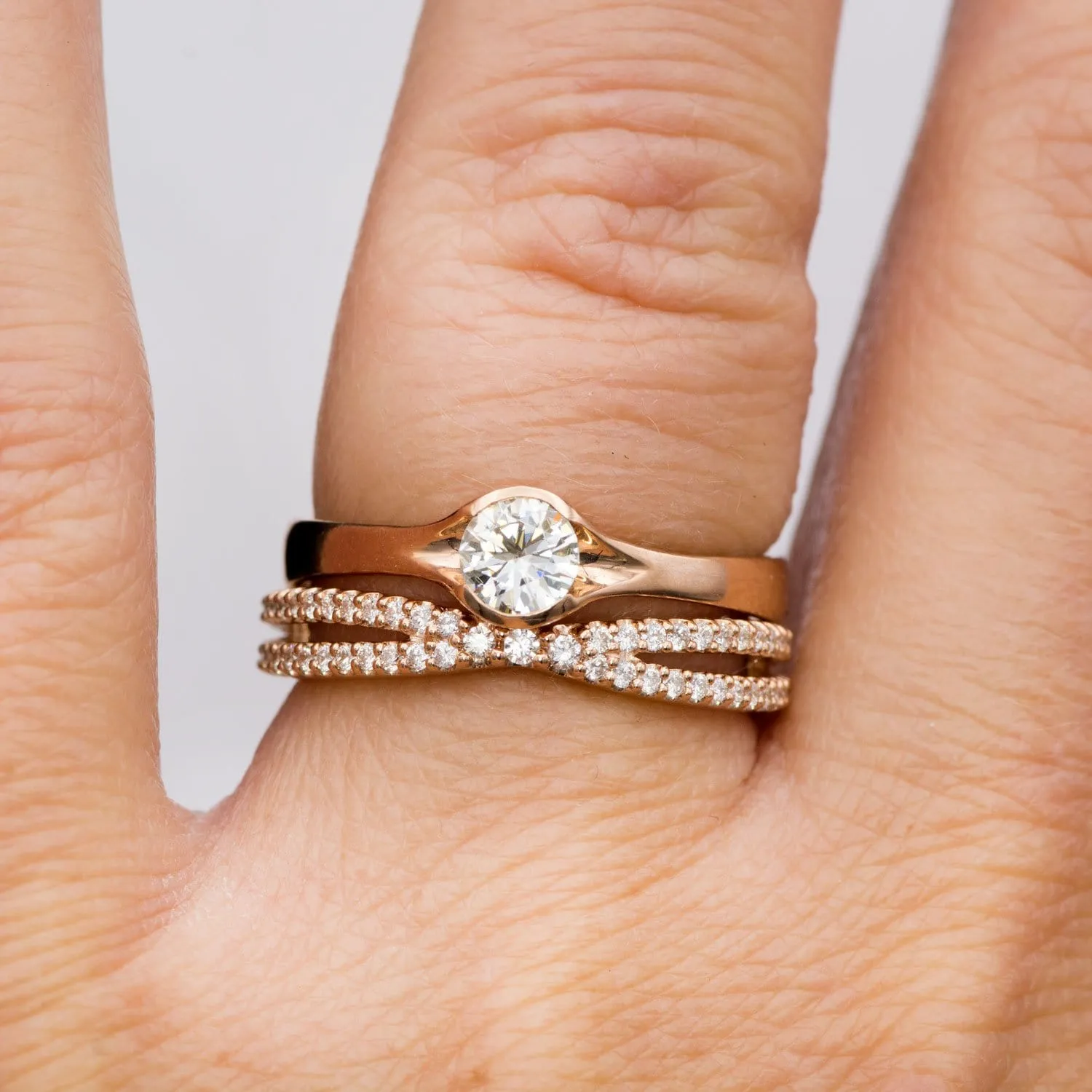 Round Light Gray Moissanite Half Bezel Fold Solitaire Rose Gold Engagement Ring, Ready to Ship