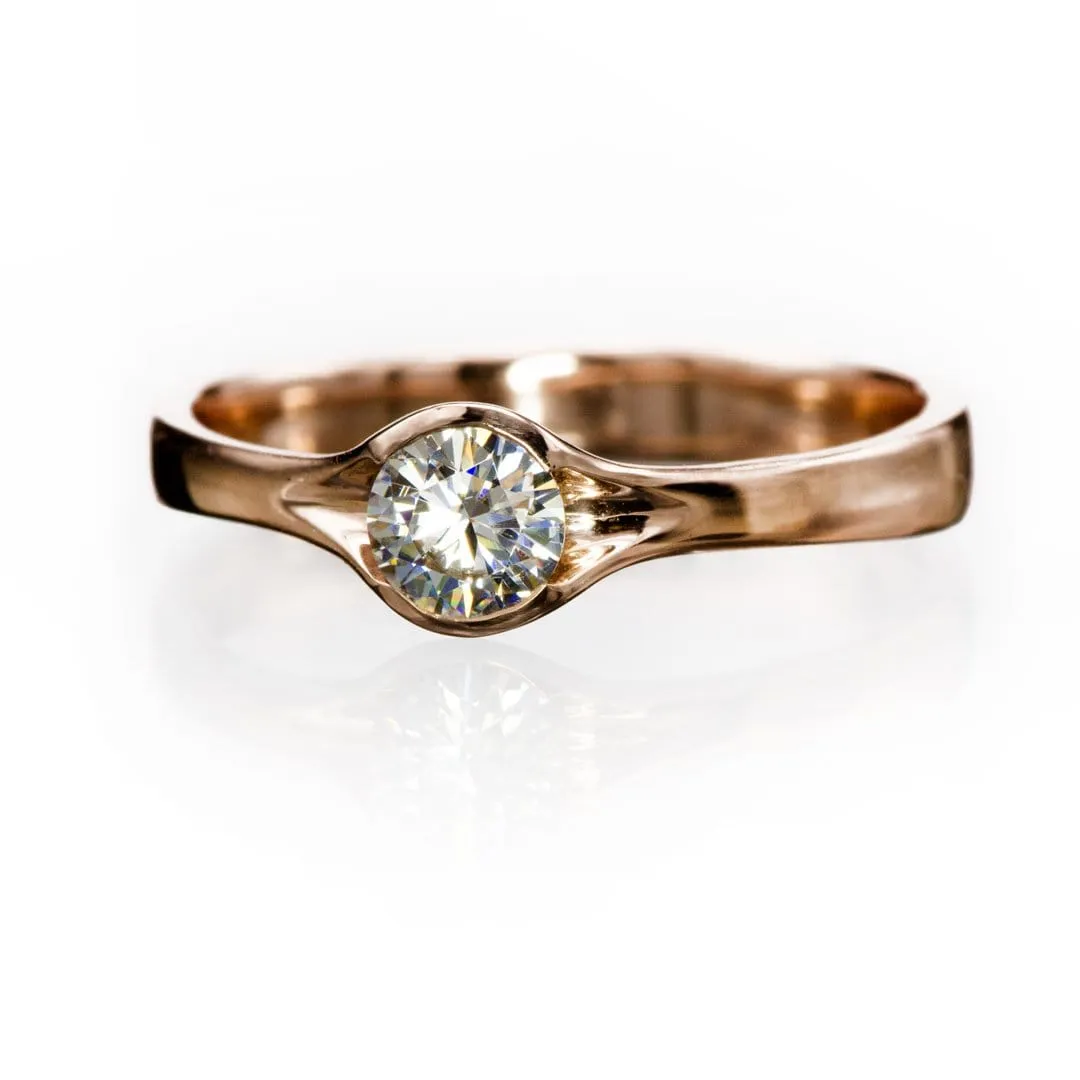 Round Light Gray Moissanite Half Bezel Fold Solitaire Rose Gold Engagement Ring, Ready to Ship