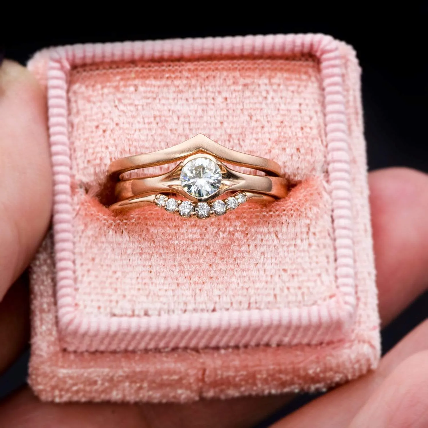 Round Light Gray Moissanite Half Bezel Fold Solitaire Rose Gold Engagement Ring, Ready to Ship