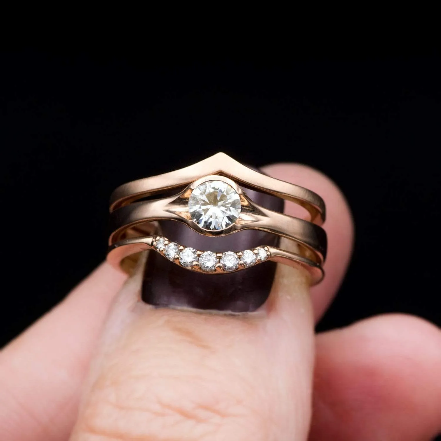 Round Light Gray Moissanite Half Bezel Fold Solitaire Rose Gold Engagement Ring, Ready to Ship