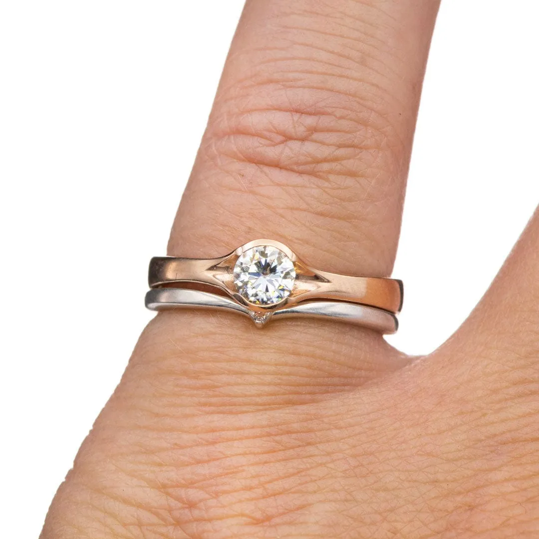 Round Light Gray Moissanite Half Bezel Fold Solitaire Rose Gold Engagement Ring, Ready to Ship