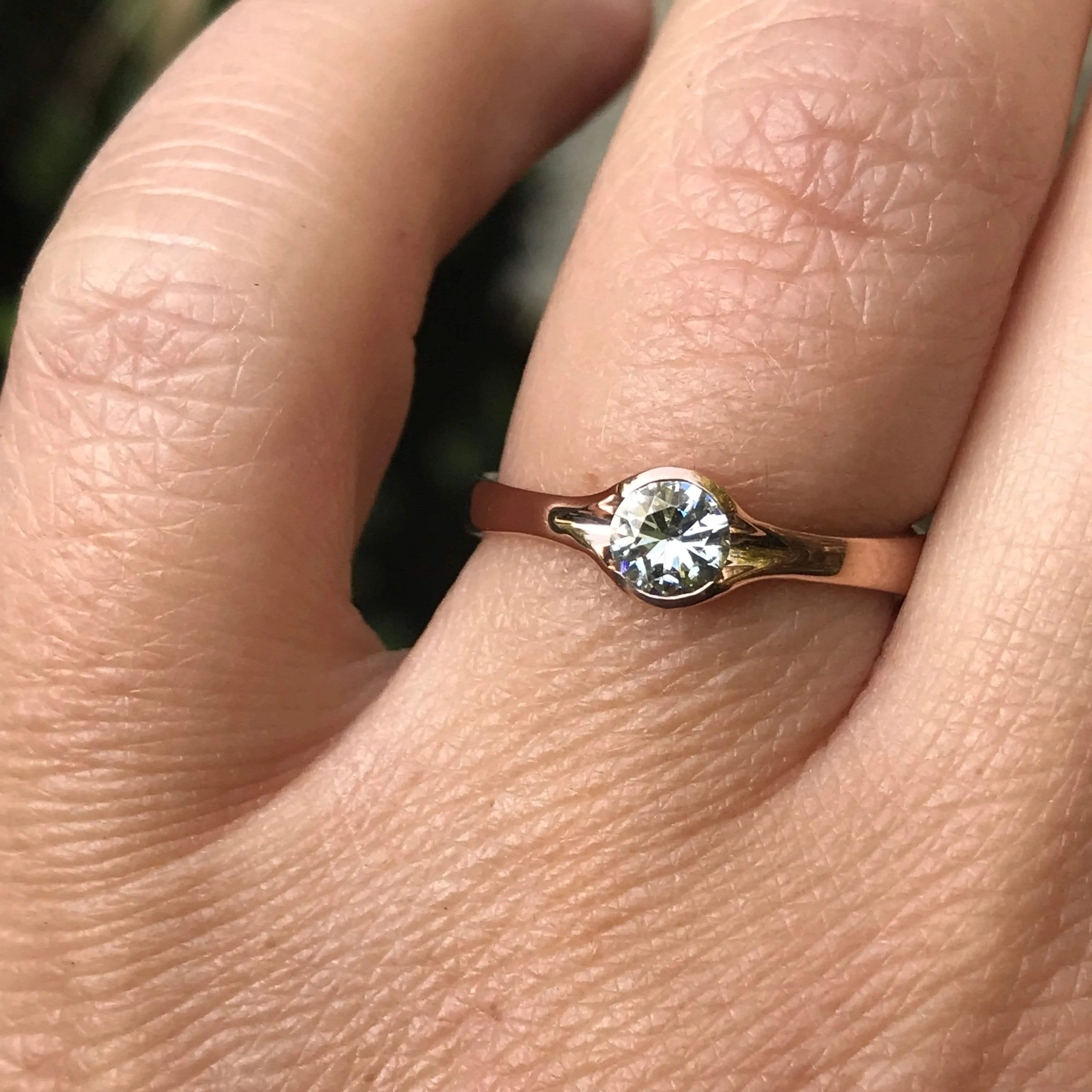 Round Light Gray Moissanite Half Bezel Fold Solitaire Rose Gold Engagement Ring, Ready to Ship