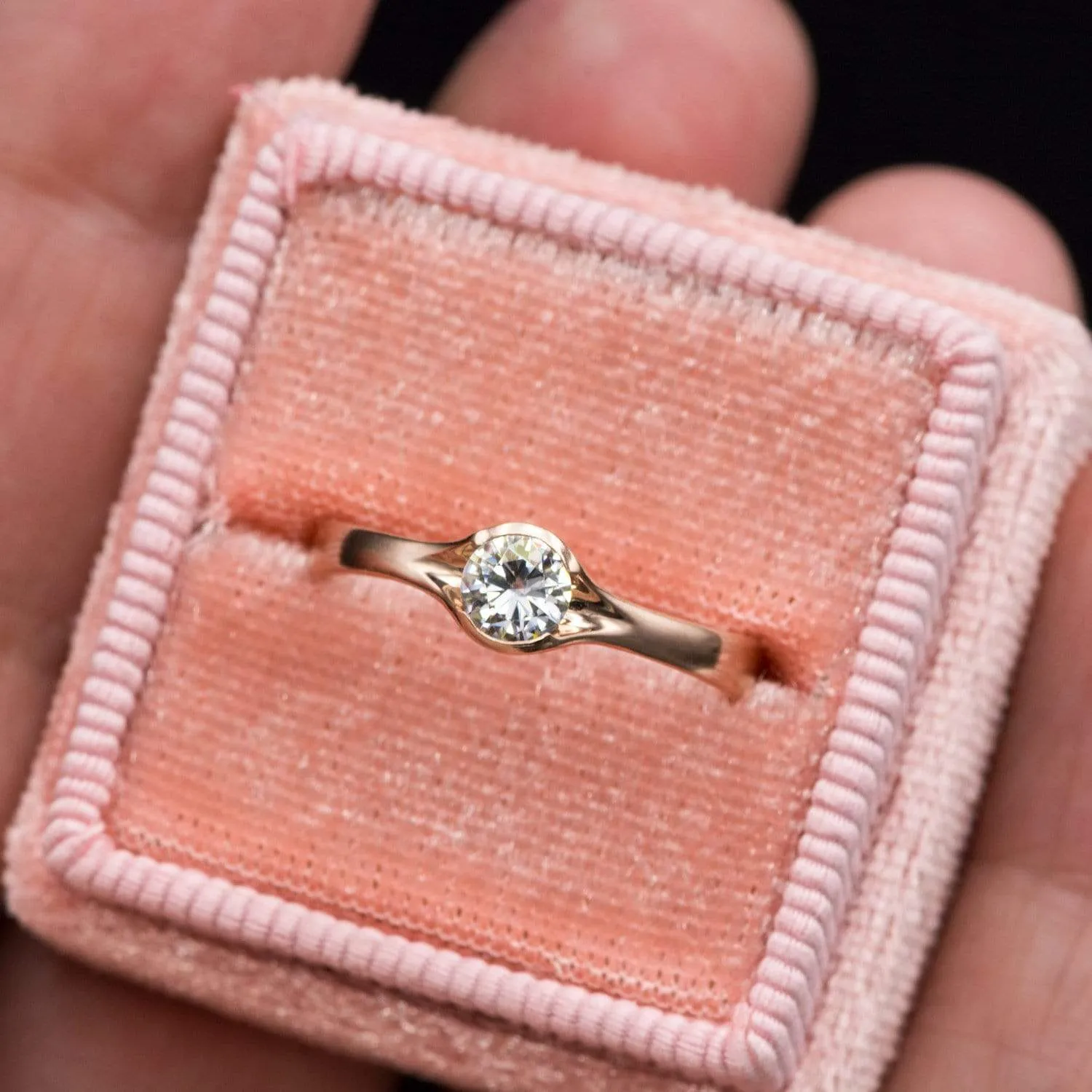 Round Light Gray Moissanite Half Bezel Fold Solitaire Rose Gold Engagement Ring, Ready to Ship