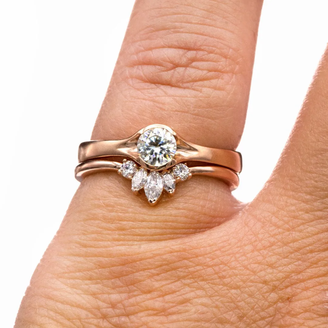 Round Light Gray Moissanite Half Bezel Fold Solitaire Rose Gold Engagement Ring, Ready to Ship