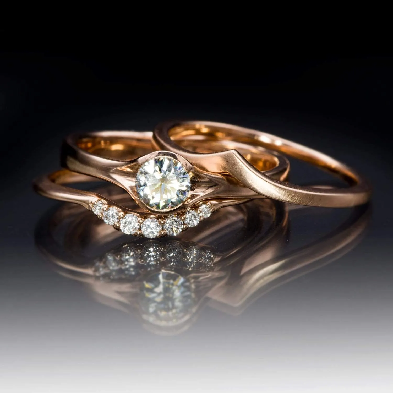 Round Light Gray Moissanite Half Bezel Fold Solitaire Rose Gold Engagement Ring, Ready to Ship