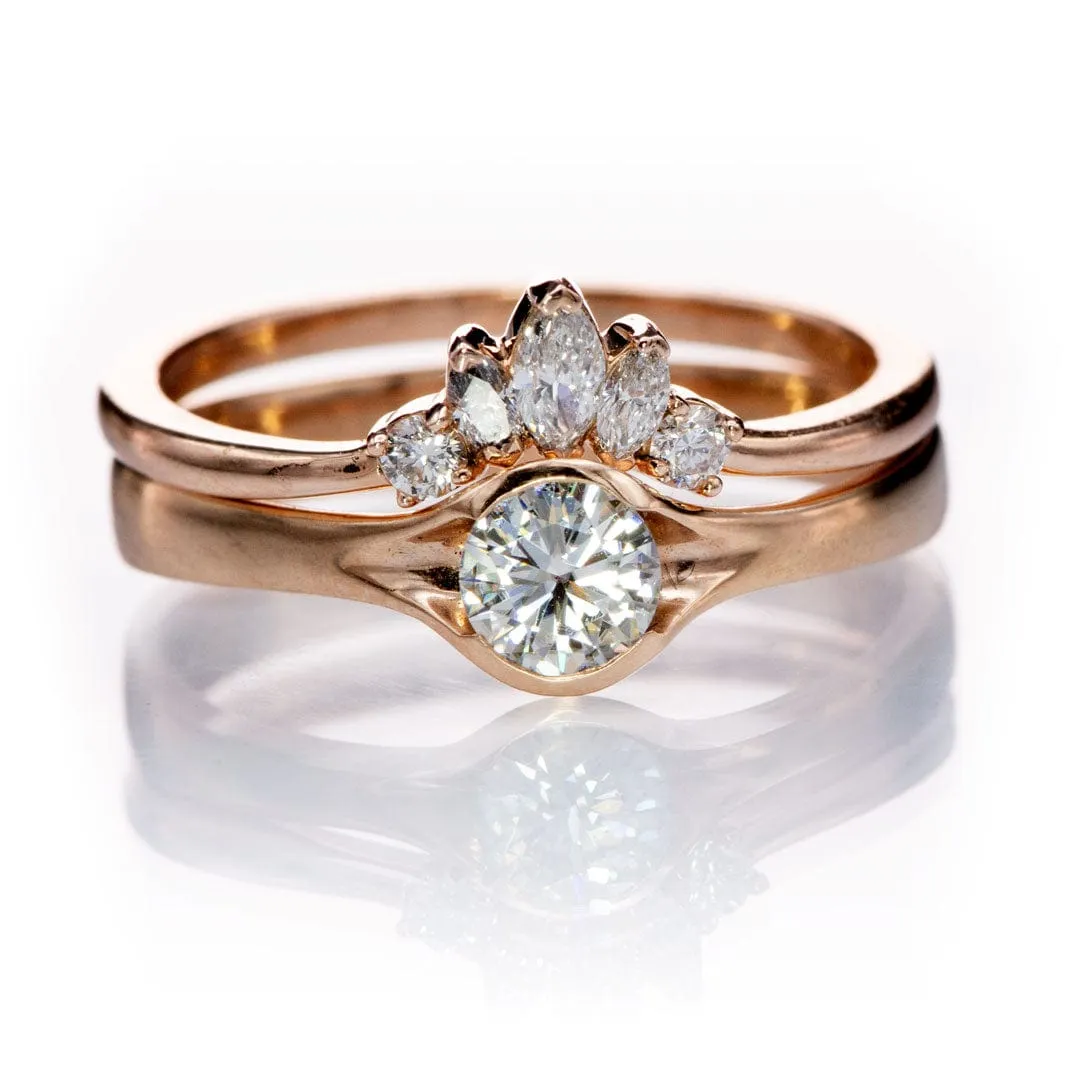 Round Light Gray Moissanite Half Bezel Fold Solitaire Rose Gold Engagement Ring, Ready to Ship