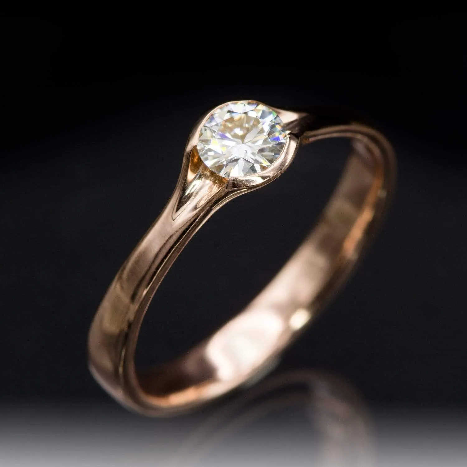 Round Light Gray Moissanite Half Bezel Fold Solitaire Rose Gold Engagement Ring, Ready to Ship