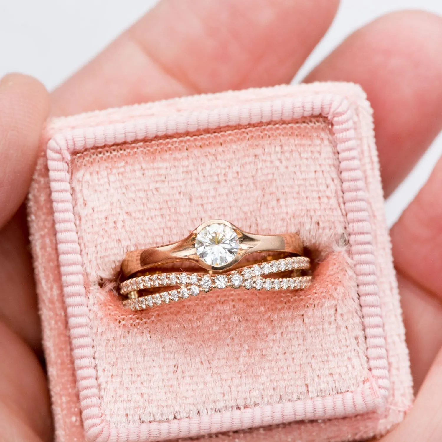 Round Light Gray Moissanite Half Bezel Fold Solitaire Rose Gold Engagement Ring, Ready to Ship