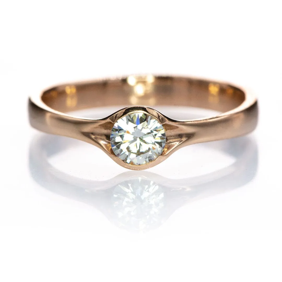 Round Light Gray Moissanite Half Bezel Fold Solitaire Rose Gold Engagement Ring, Ready to Ship