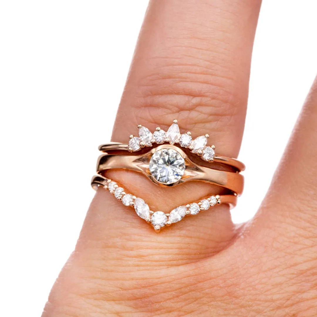 Round Light Gray Moissanite Half Bezel Fold Solitaire Rose Gold Engagement Ring, Ready to Ship