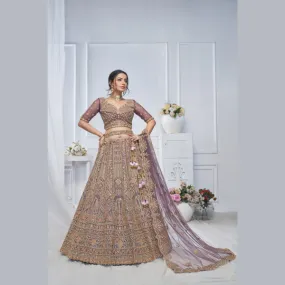 Royal Grandeur bridal  Purple Soft Net Lehenga with Paisley and Peacock Motifs & Heavy Embroidery | Ready To Wear |