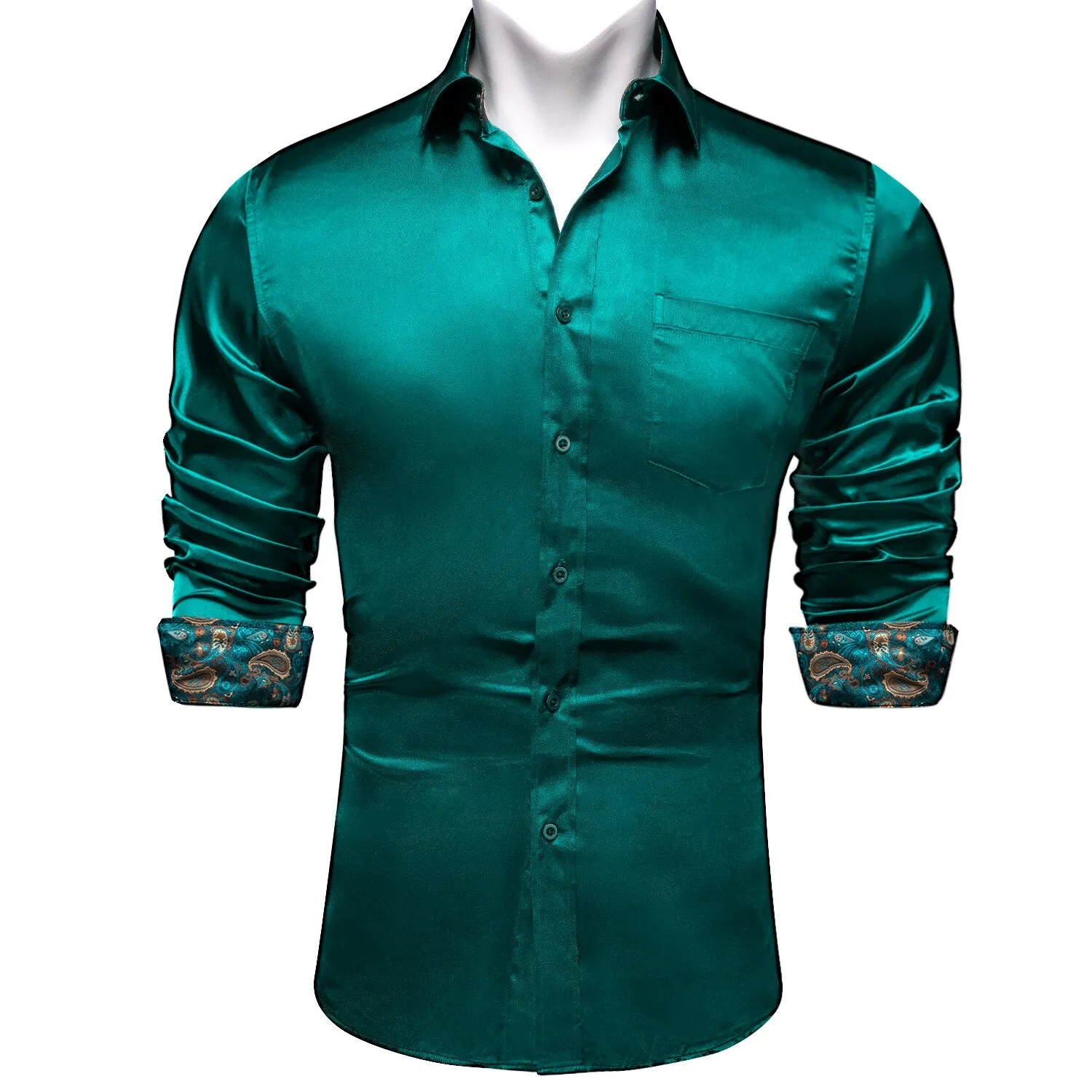 Sage Green Paisley Stretch Satin Tuxedo Shirt Contrasting Colors Long Sleeve Shirts Men's Designer Clothing