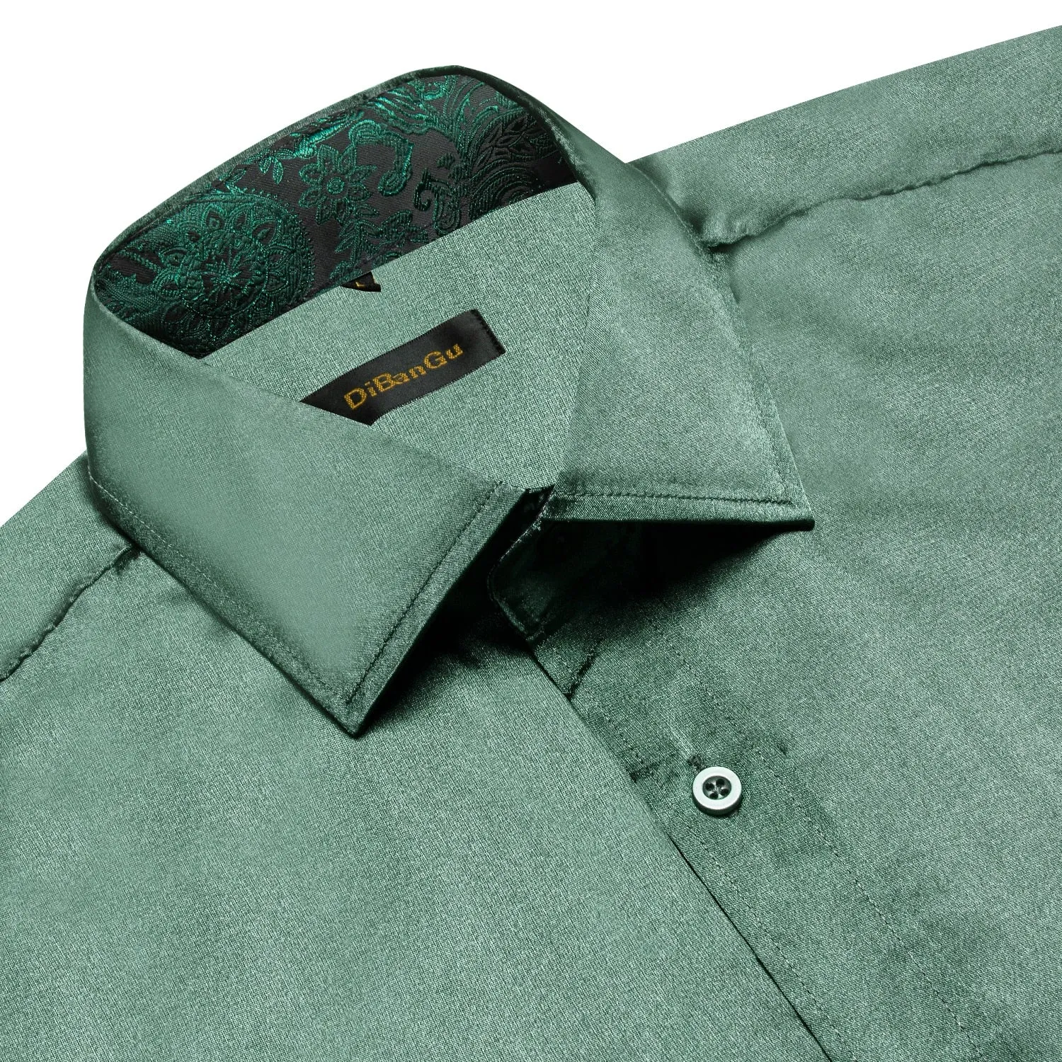 Sage Green Paisley Stretch Satin Tuxedo Shirt Contrasting Colors Long Sleeve Shirts Men's Designer Clothing