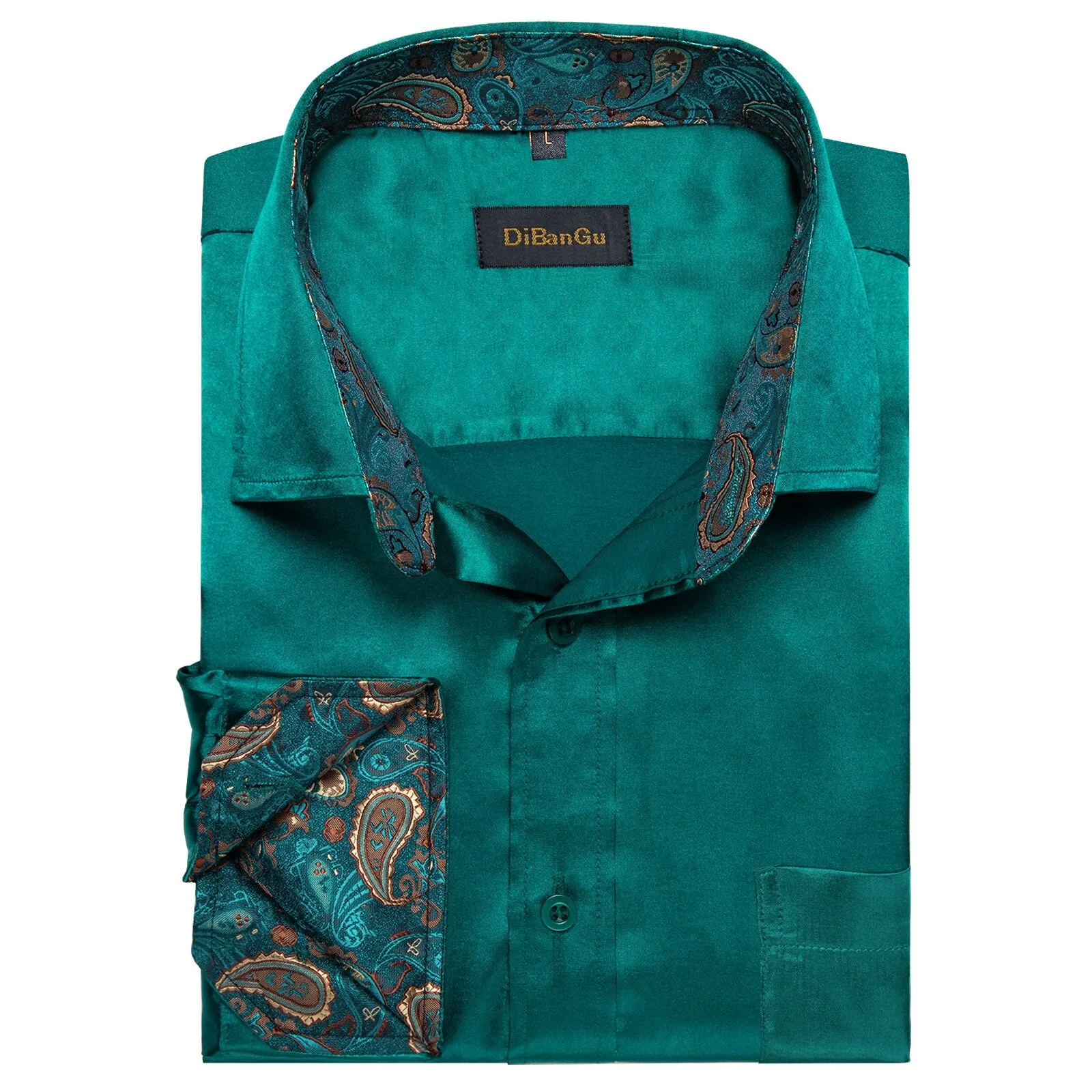 Sage Green Paisley Stretch Satin Tuxedo Shirt Contrasting Colors Long Sleeve Shirts Men's Designer Clothing