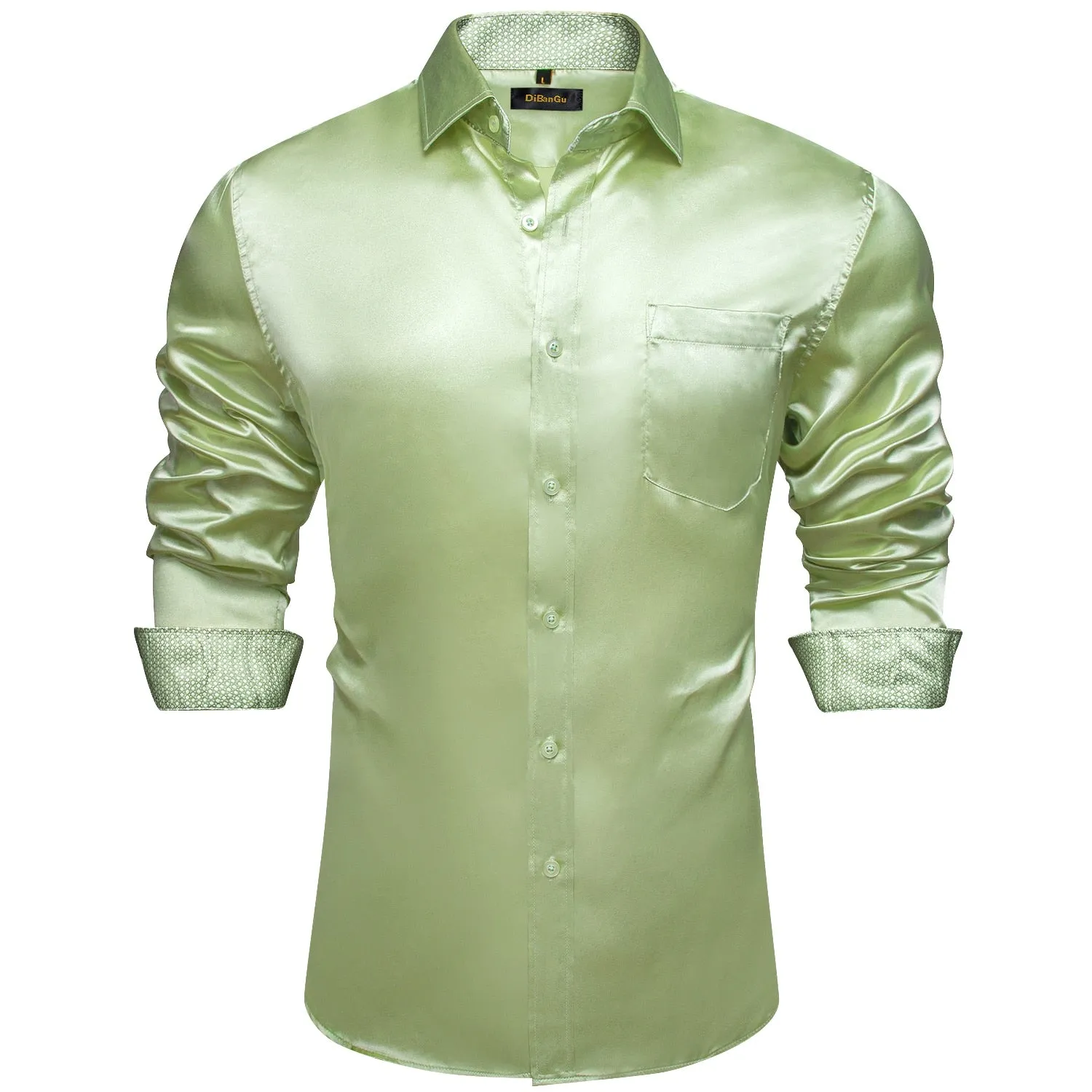 Sage Green Paisley Stretch Satin Tuxedo Shirt Contrasting Colors Long Sleeve Shirts Men's Designer Clothing