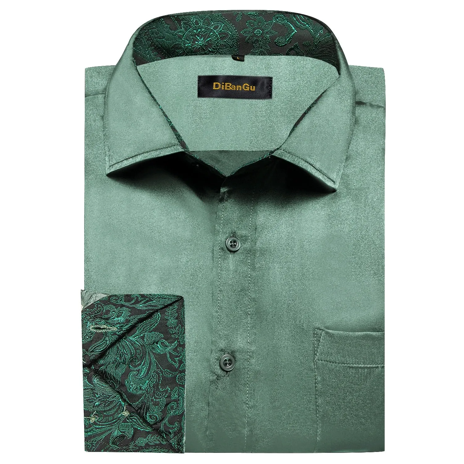 Sage Green Paisley Stretch Satin Tuxedo Shirt Contrasting Colors Long Sleeve Shirts Men's Designer Clothing