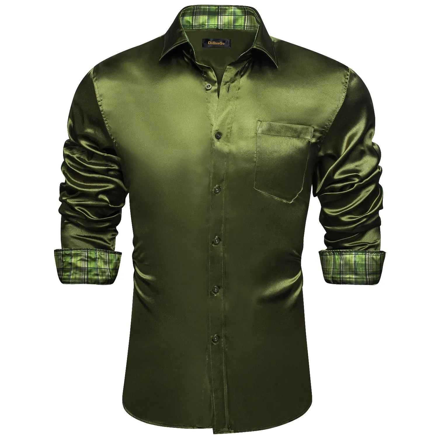 Sage Green Paisley Stretch Satin Tuxedo Shirt Contrasting Colors Long Sleeve Shirts Men's Designer Clothing