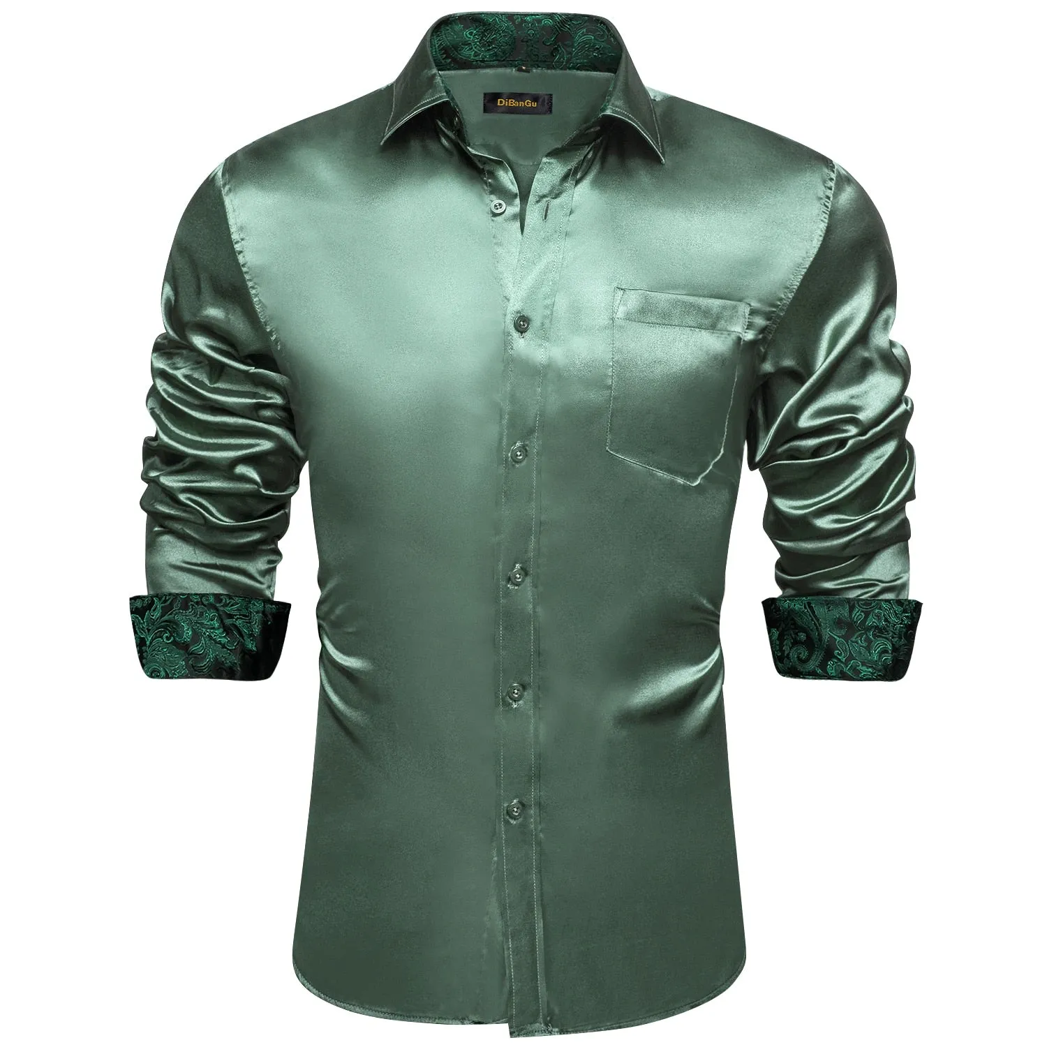 Sage Green Paisley Stretch Satin Tuxedo Shirt Contrasting Colors Long Sleeve Shirts Men's Designer Clothing