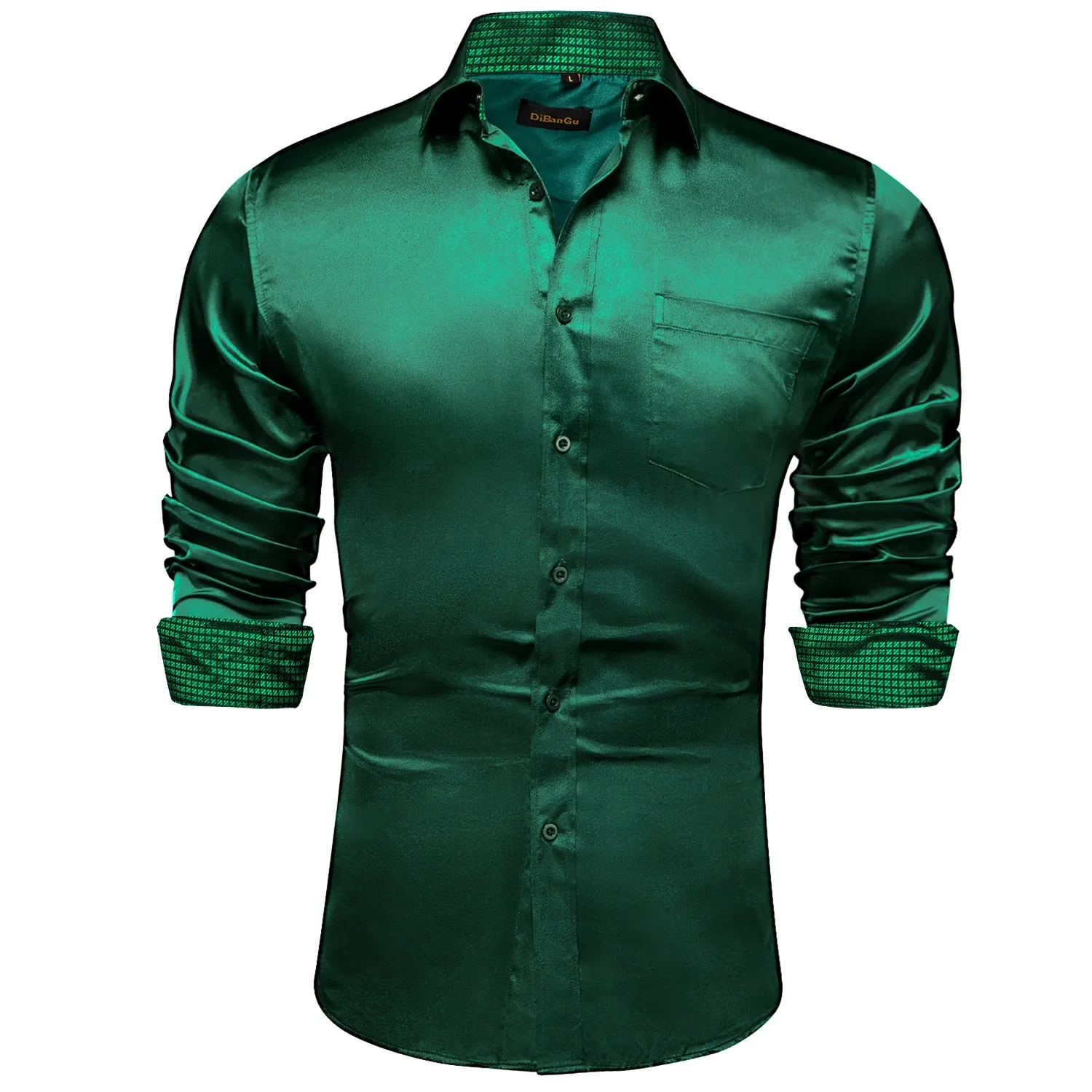 Sage Green Paisley Stretch Satin Tuxedo Shirt Contrasting Colors Long Sleeve Shirts Men's Designer Clothing