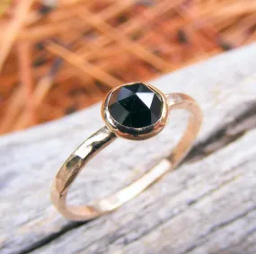 Solid Gold Stacking Ring, Melanite Garnet Rose Cut Gold Stacking Ring, Black Gemstone Ring, Solid Gold Stacking Ring