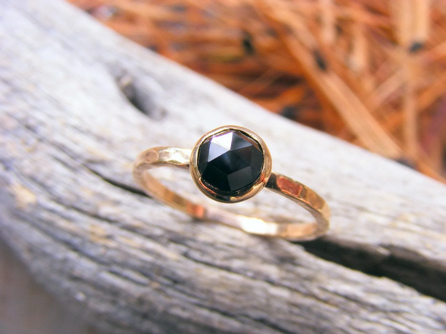 Solid Gold Stacking Ring, Melanite Garnet Rose Cut Gold Stacking Ring, Black Gemstone Ring, Solid Gold Stacking Ring