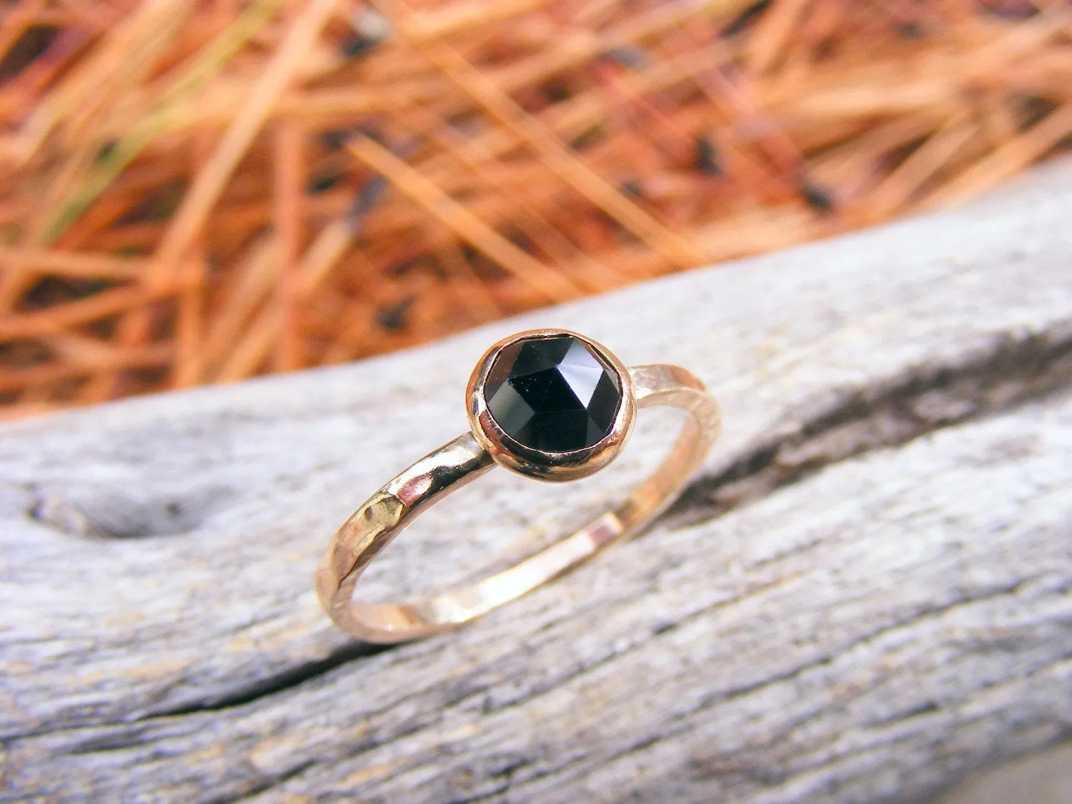 Solid Gold Stacking Ring, Melanite Garnet Rose Cut Gold Stacking Ring, Black Gemstone Ring, Solid Gold Stacking Ring