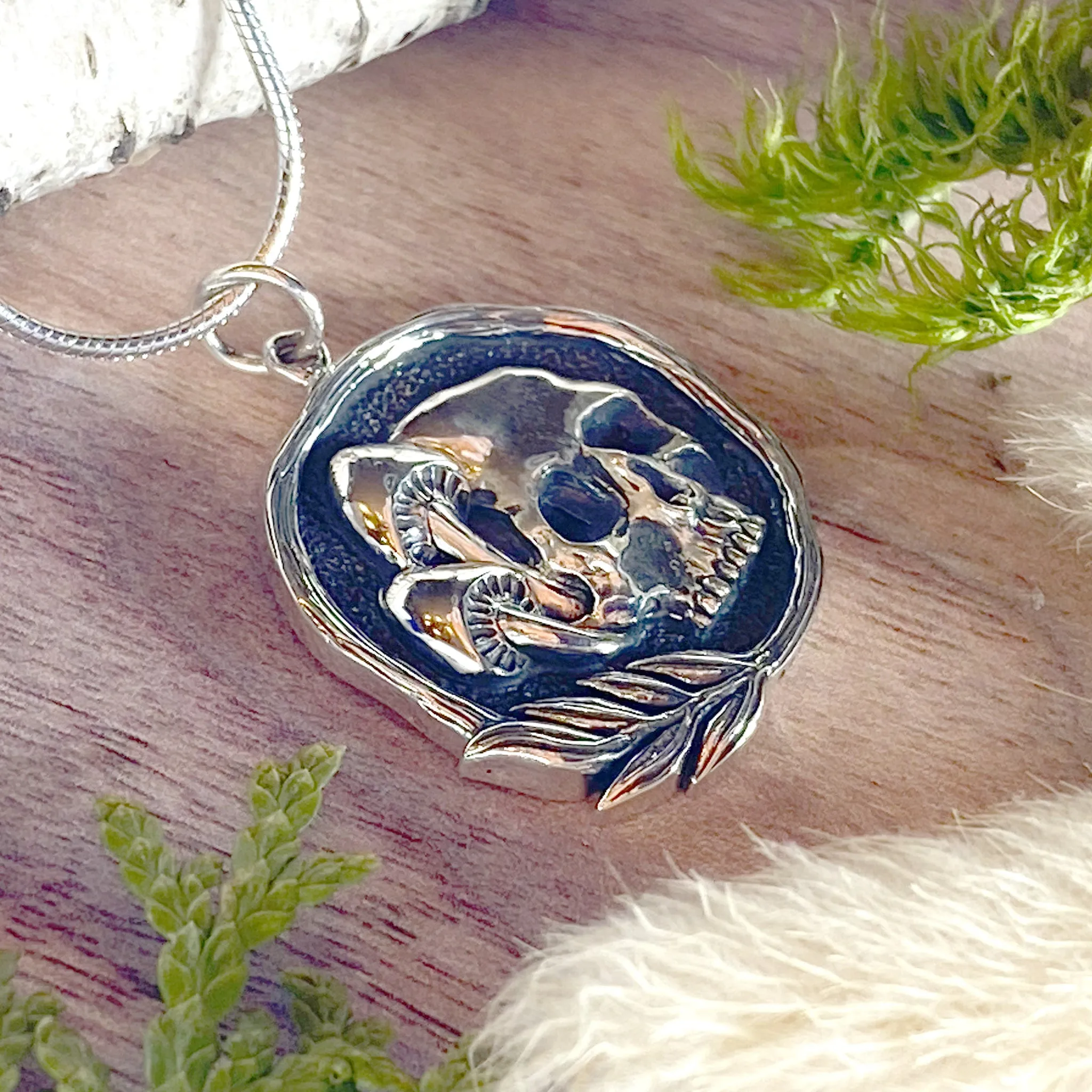 Sterling Silver Skull and Mushroom Pendant Necklace