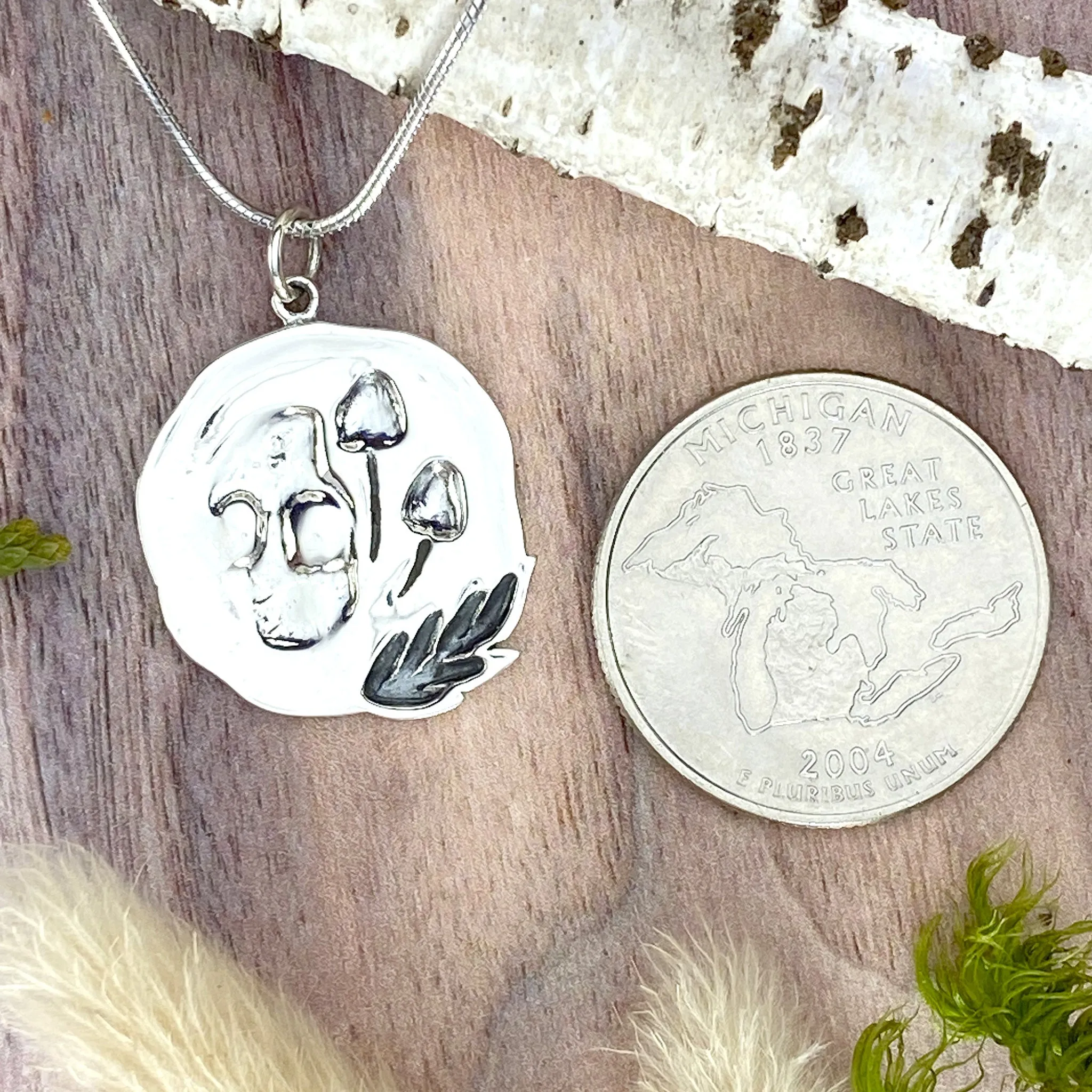 Sterling Silver Skull and Mushroom Pendant Necklace