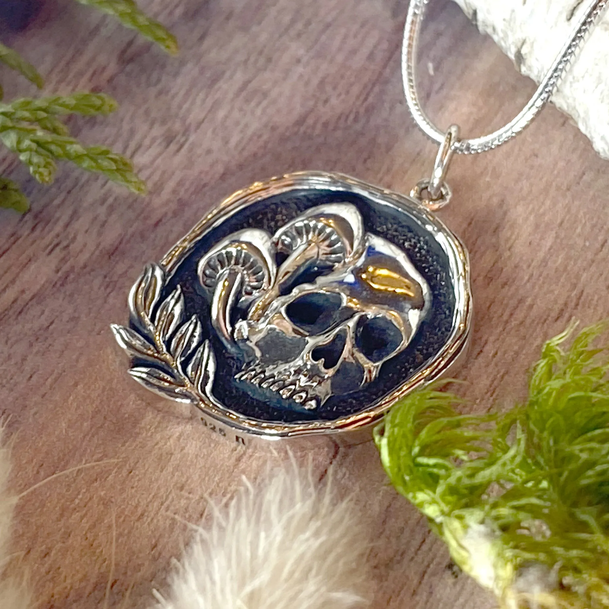 Sterling Silver Skull and Mushroom Pendant Necklace