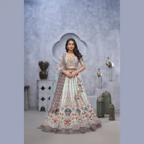 Stunning sky blue Lehenga with Zari Paisley Embroidery, Silk Patches, and Regal Peacock Motifs  | Ready To Wear |