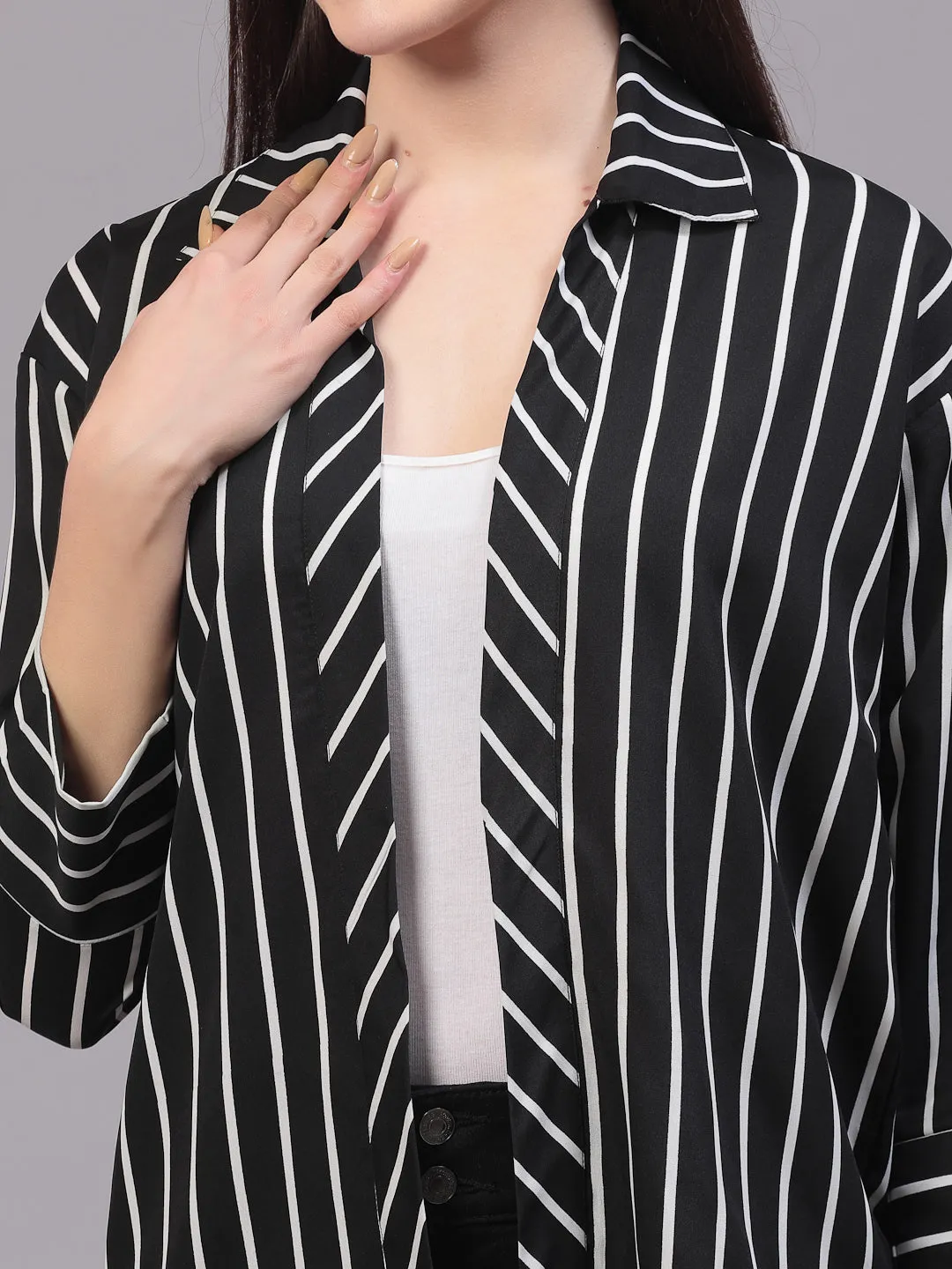 Style Quotient Women Casual Black and White Stripe Spread Collar Full Sleeve Shrug