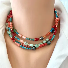 Turquoise, Chrysoprase, Pink Orange Red Coral and Tahitian Pearl Summer Necklace, Gold Filled, 15-16in