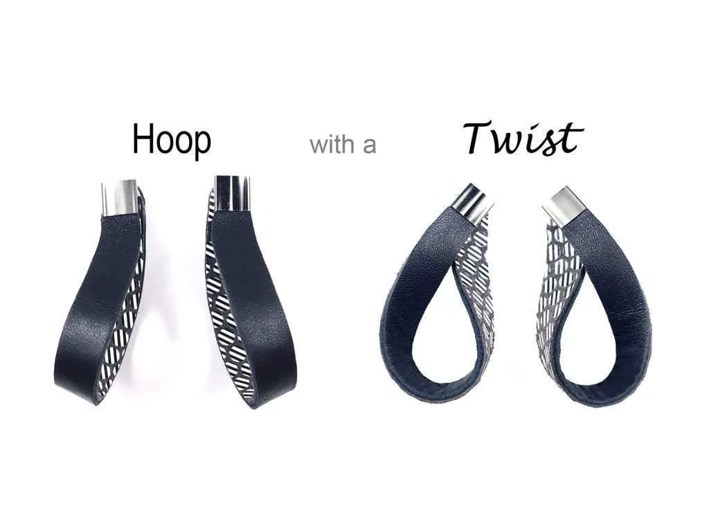 Twisted hoop black leather earrings