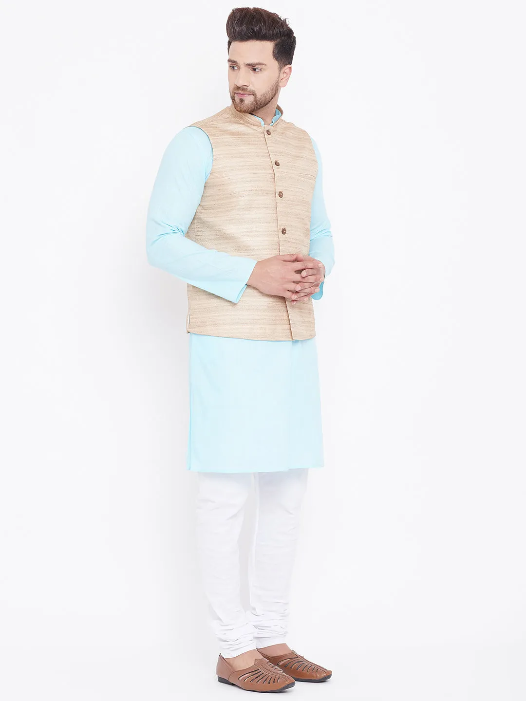 Vastramay Beige, Turquoise And White Baap Beta Nehru Jacket Kurta Pyjama set