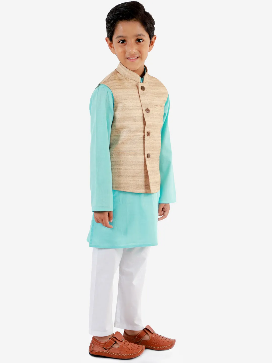 Vastramay Beige, Turquoise And White Baap Beta Nehru Jacket Kurta Pyjama set