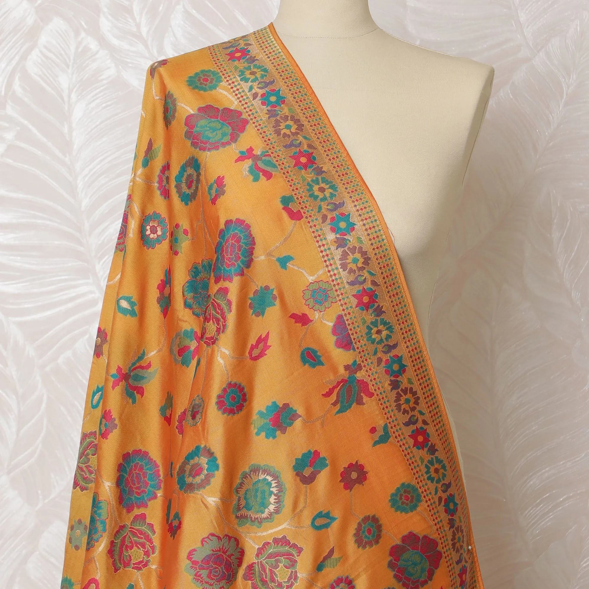 Vibrant Orange Synthetic Brocade Dupatta with Floral and Paisley Designs, 85x245 cm-D19301