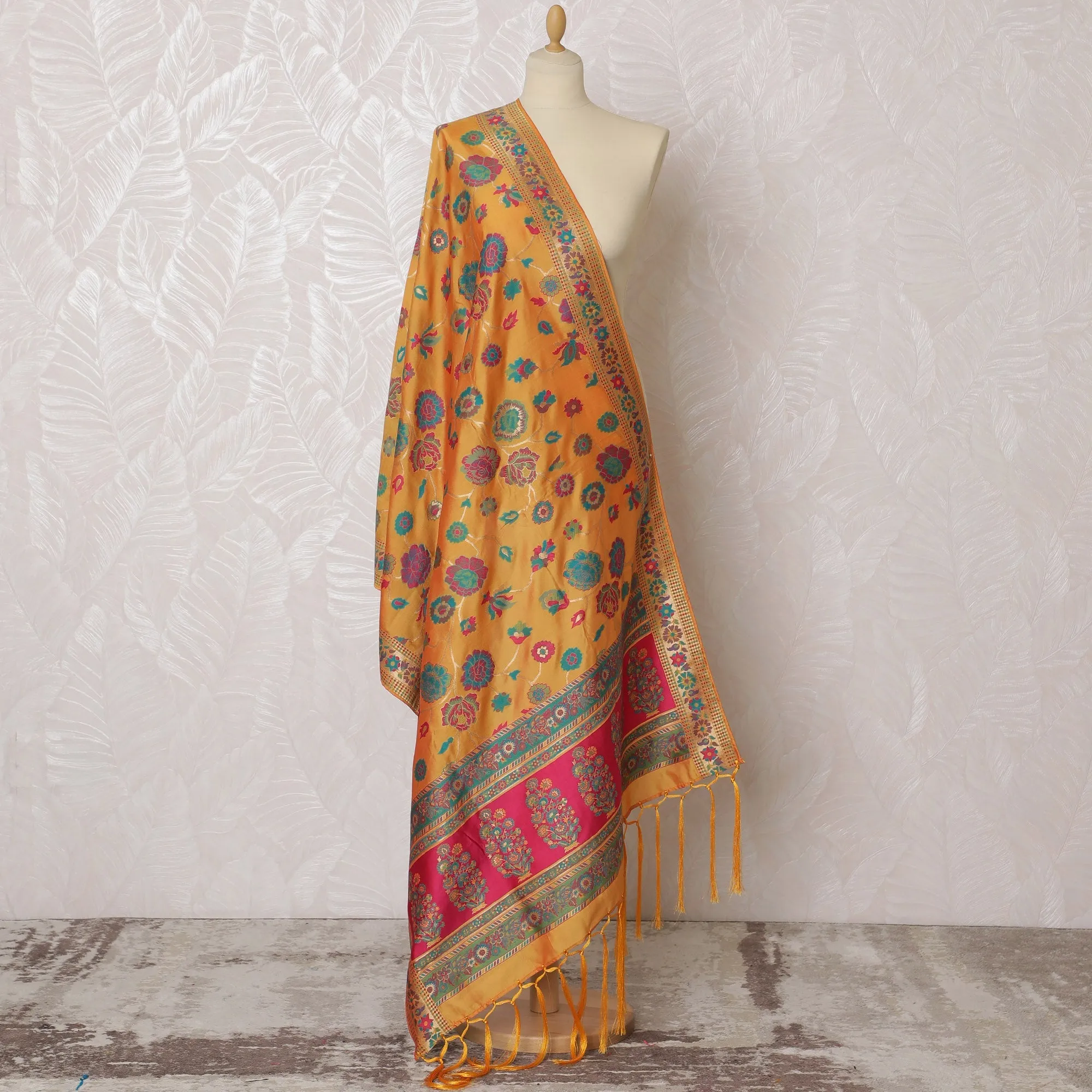 Vibrant Orange Synthetic Brocade Dupatta with Floral and Paisley Designs, 85x245 cm-D19301