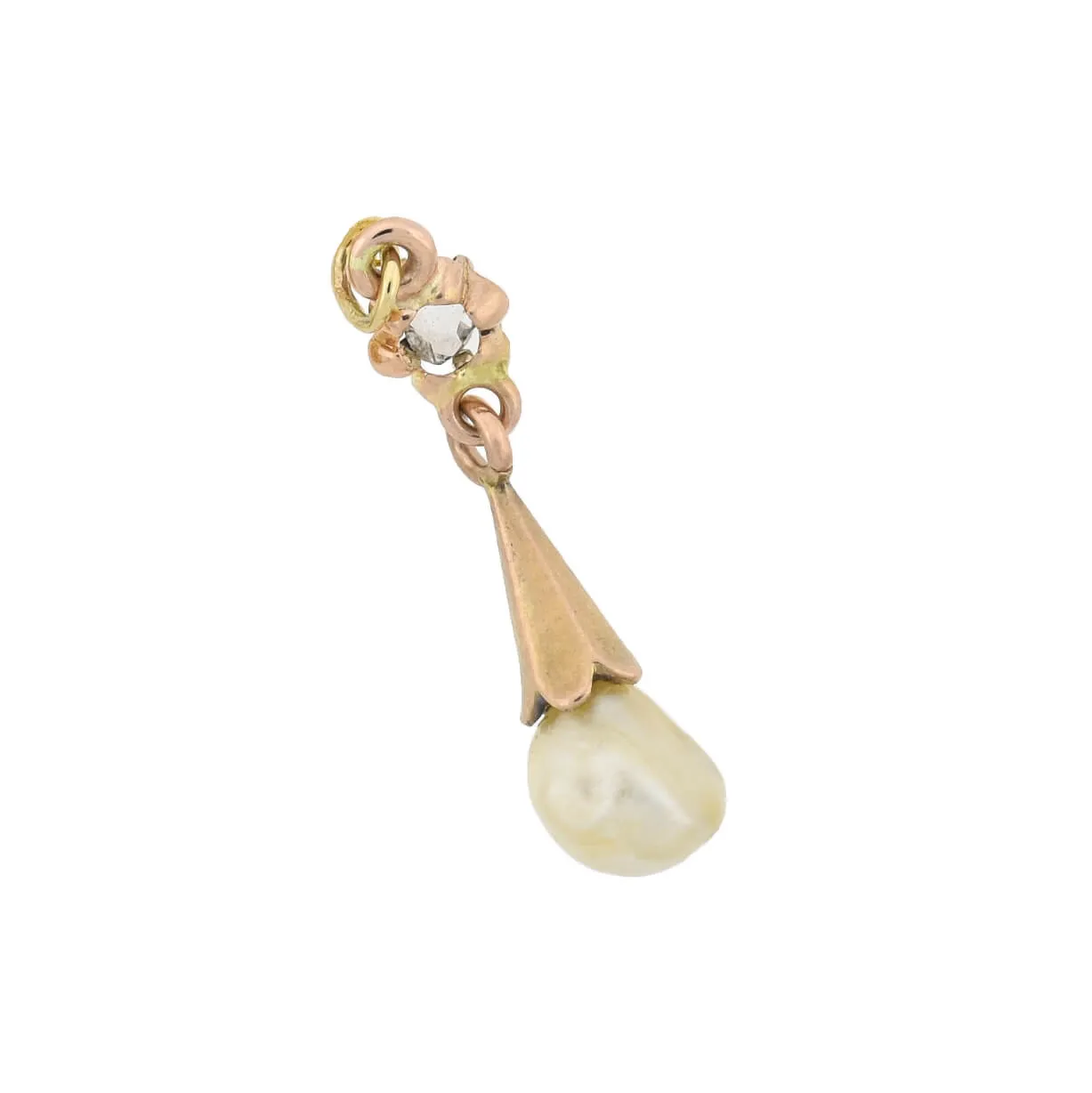 Victorian 14kt Rose Cut Diamond   Natural Pearl Pendant